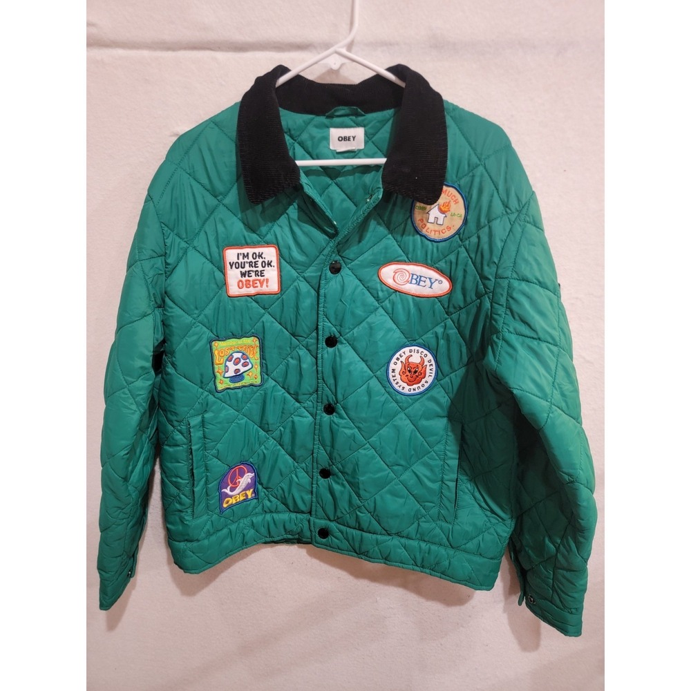 Obey Multi-Patch Quilted Jacket Green Corduroy Collar Snap Front Mens Medium‎